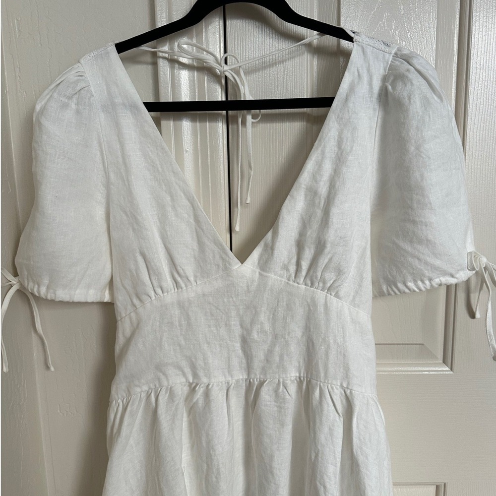 NWT VRG GRL Size 14 White Linen Puff Sleeve Open Back Midi Dress US 10
